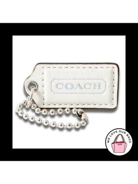 Limited Ed 2" COACH White Silver Leather Nickel Fob Bag Charm Keychain Hang Tag